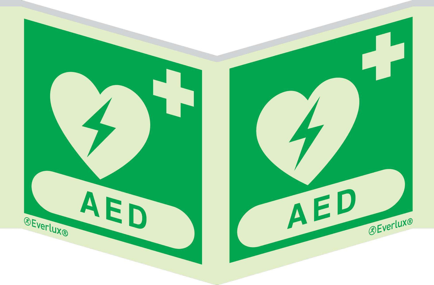 Rettungszeichen Symbole Winkelschild AED Aluminium 1mm, langnachleuchtend, 215mcd m²